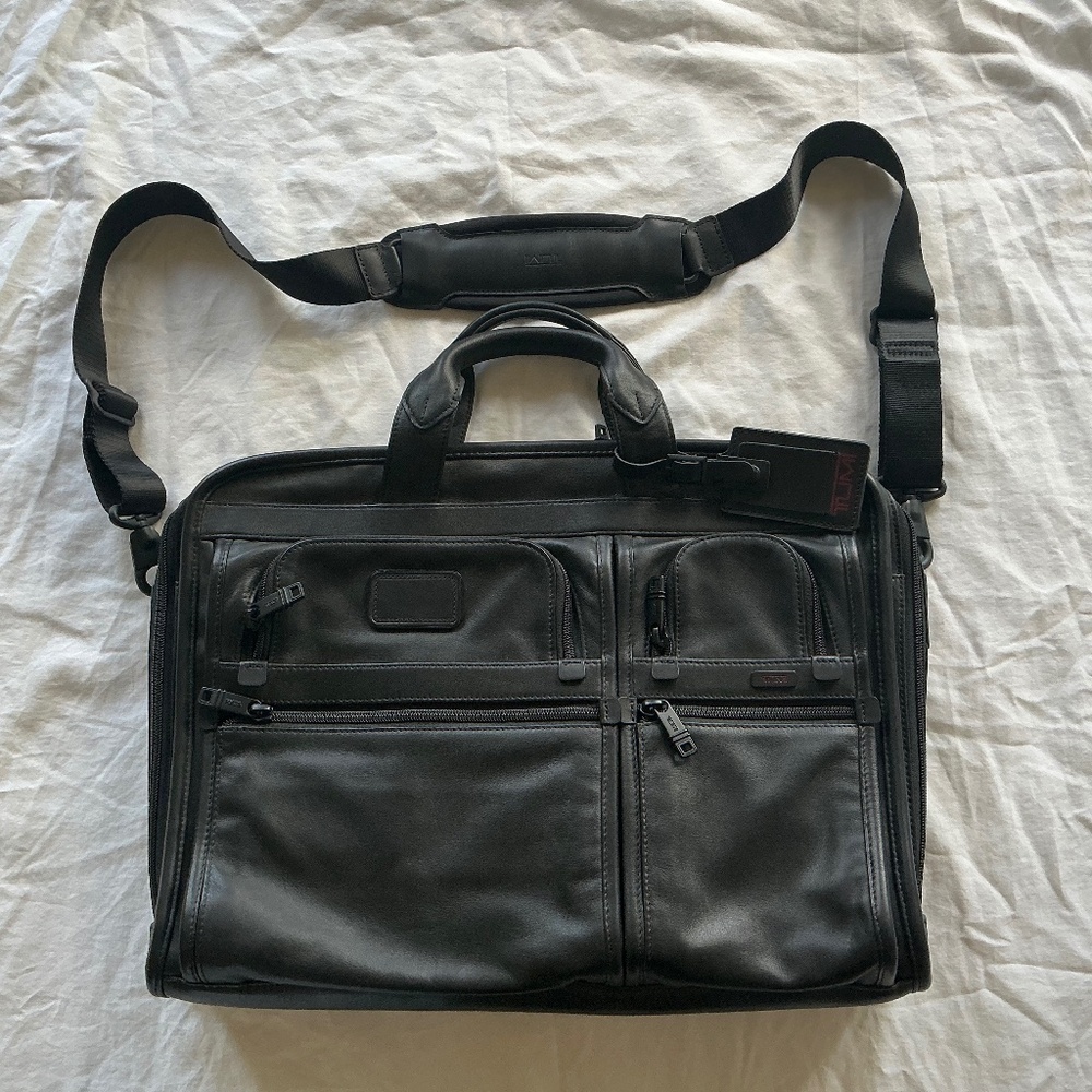 TUMI Black Alpha Leather Expandable Laptop Briefcase